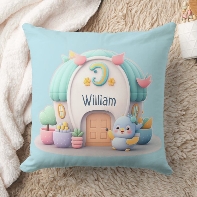 Tiny little house with little dragon and NAME boy Throw Pillow (Blanket)
