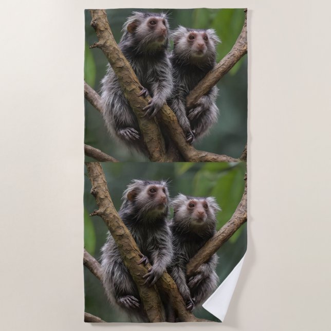Tiny Marmoset Titans Among the Branches, Beach Towel (Front)