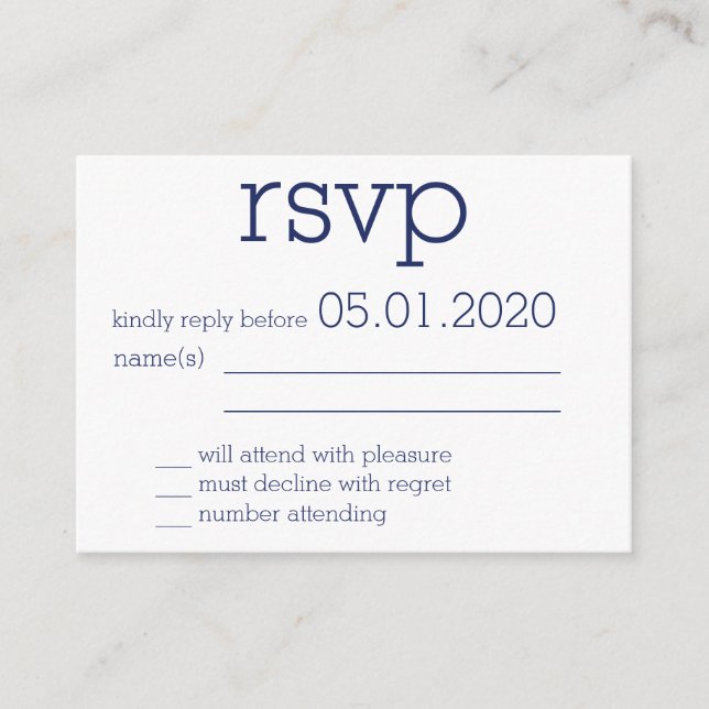 Tiny Monogrammed Navy Blue Modern Wedding RSVP Enclosure Card (Front)