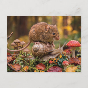 Tiny Mouse Riding Snail in Autumn Forest Holiday Postcard
