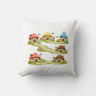 Tiny Mushroom Village Throw Pillow