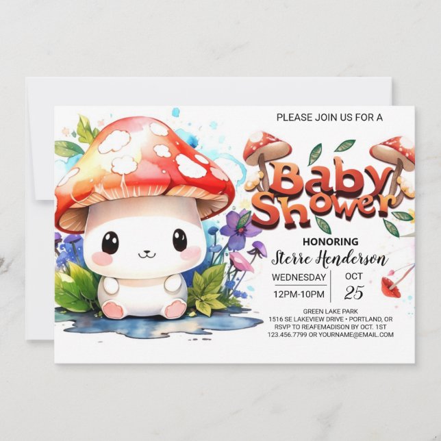 Tiny Mushroom's Adventure Awaits Baby Shower Invitation (Front)