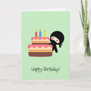 Tiny Ninja Behind Birthday Cake Green Card