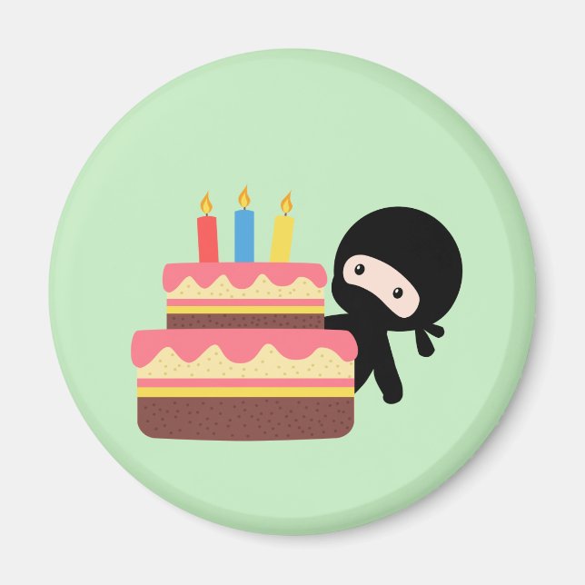 Tiny Ninja Behind Birthday Cake Green Magnet (Front)