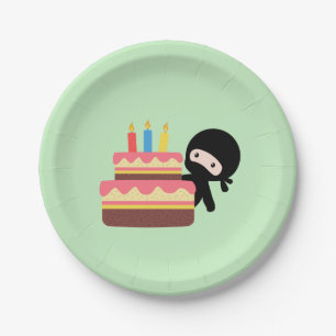 Tiny Ninja Behind Birthday Cake Green Paper Plate