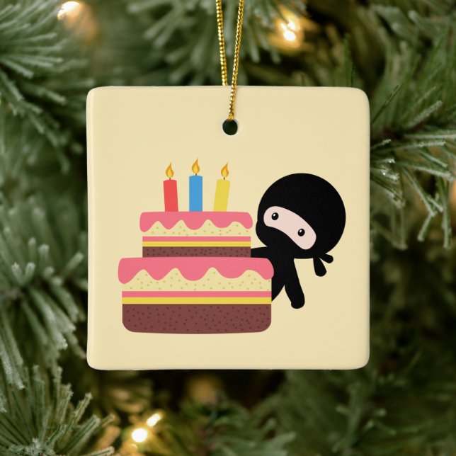 Tiny Ninja Behind Birthday Cake on Yellow Ceramic Ornament (Tree)