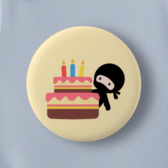 Tiny Ninja Behind Birthday Cake Yellow 2 Inch Round Button (Creator Uploaded)