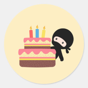 Tiny Ninja Behind Birthday Cake Yellow Classic Round Sticker