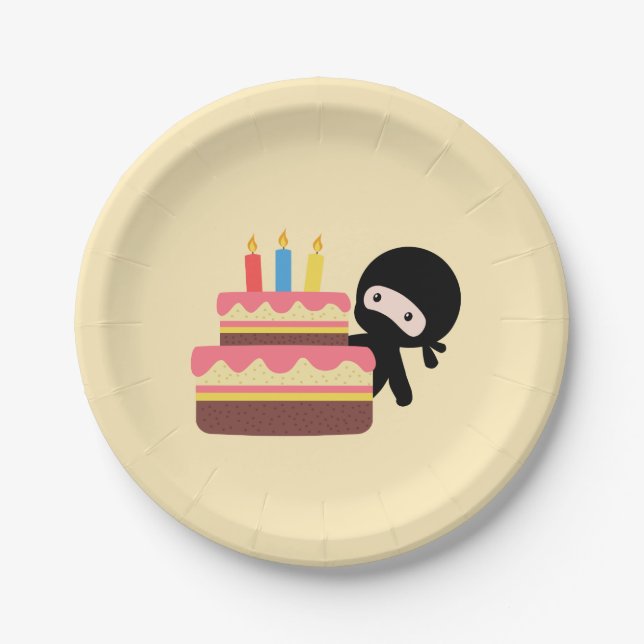 Tiny Ninja Behind Birthday Cake Yellow Paper Plate (Front)