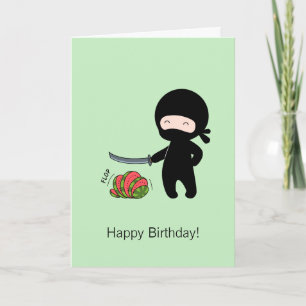 Tiny Ninja Cutting Watermelon Green Birthday Card