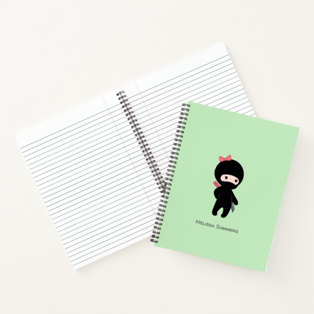 Tiny Ninja Girl Custom Name on Green Notebook (Inside)