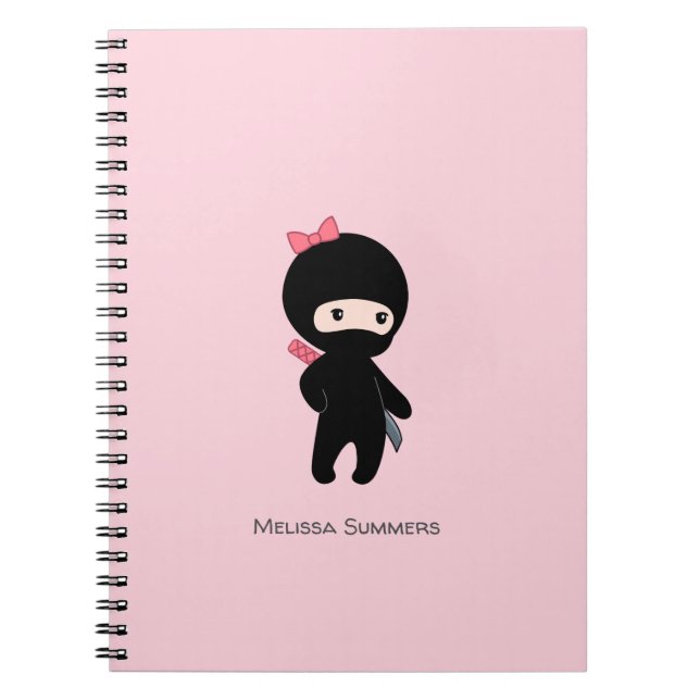 Tiny Ninja Girl Custom Name on Pink Notebook (Front)