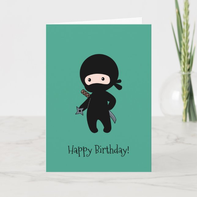Tiny Ninja Holding Star Dark Green Birthday Card (Front)