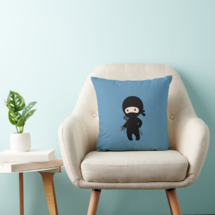 Tiny Ninja Holding Throwing Star on Blue Throw Pillow