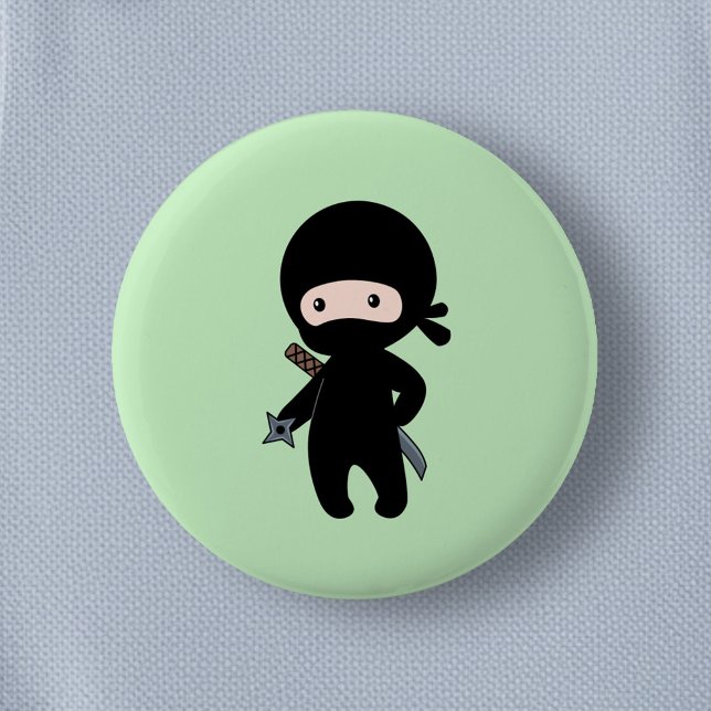 Tiny Ninja Holding Throwing Star on Green 2 Inch Round Button (Creator Uploaded)