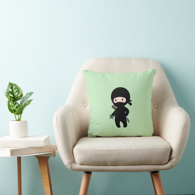 Tiny Ninja Holding Throwing Star On Green Throw Pillow (Chair)