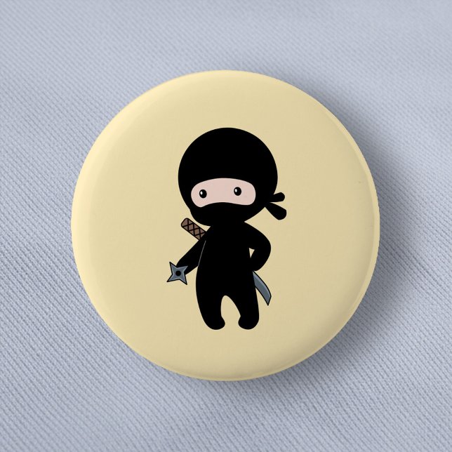 Tiny Ninja Holding Throwing Star on Yellow 2 Inch Round Button (Creator Uploaded)
