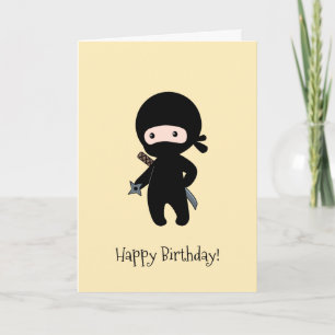 Tiny Ninja Holding Throwing Star Yellow Birthday Card