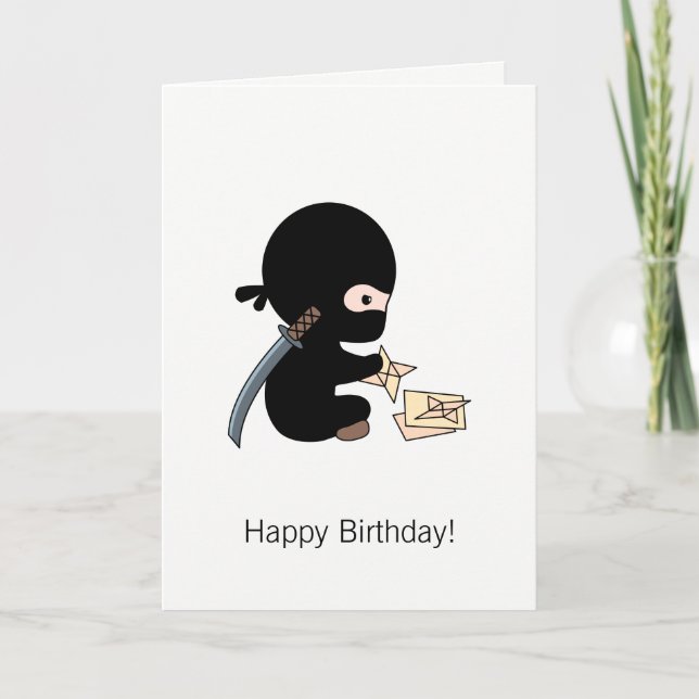 Tiny Ninja Making Origami Paper Star Birthday Card (Front)