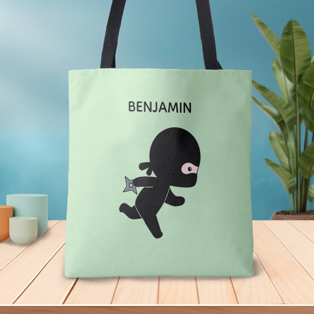 Tiny Ninja Running Custom Name on Green Tote Bag (Creator Uploaded)