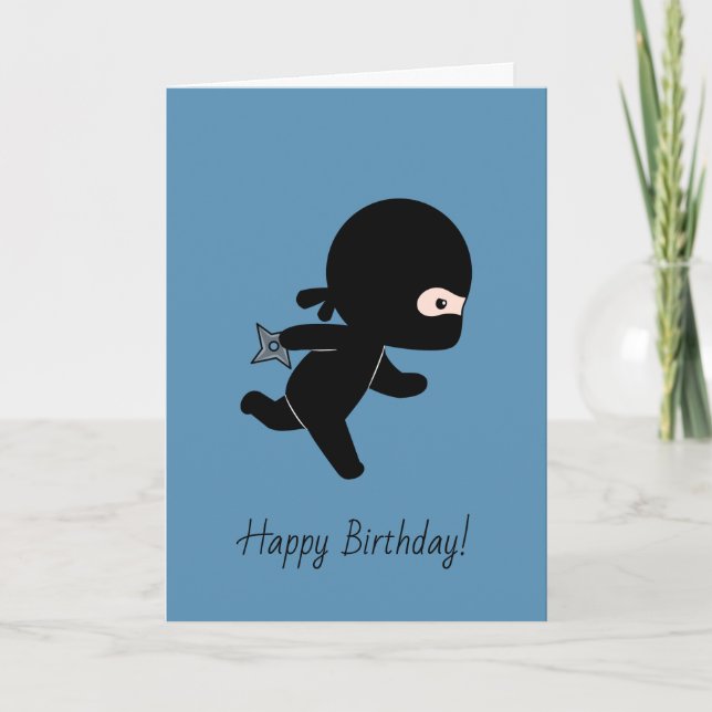 Tiny Ninja Running on Blue Birthday Card (Front)
