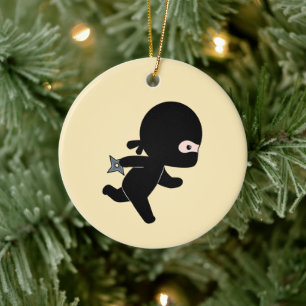 Tiny Ninja Running on Yellow Ceramic Ornament
