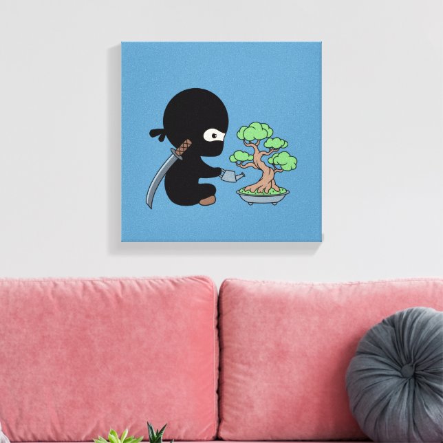 Tiny Ninja Watering Bonsai Tree on Blue Canvas Print (Insitu(LivingRoom))