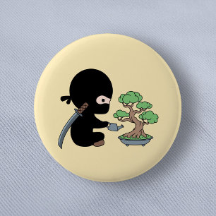 Tiny Ninja Watering Bonsai Tree on Yellow 2 Inch Round Button