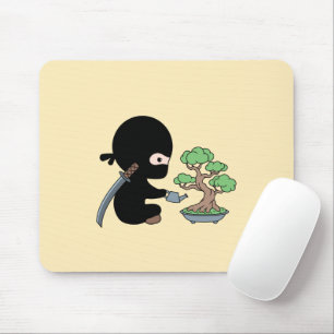 Tiny Ninja Watering Bonsai Tree on Yellow Mouse Pad