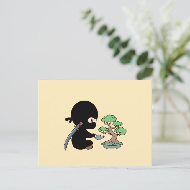 Tiny Ninja Watering Bonsai Tree on Yellow Postcard (Standing Front)