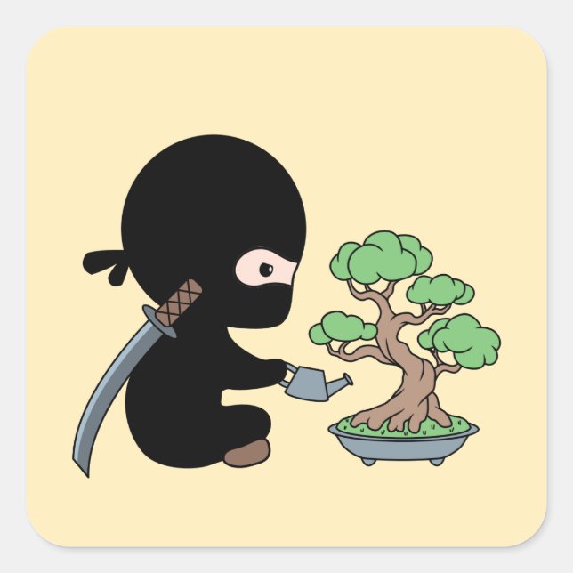 Tiny Ninja Watering Bonsai Tree on Yellow Square Sticker (Front)