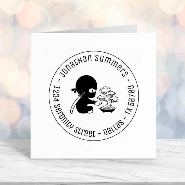 Tiny Ninja Watering Bonsai Tree Round Address Self-inking Stamp (Creator Uploaded)