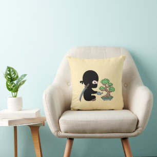 Tiny Ninja Watering Bonsai Tree Throw Pillow