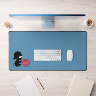 Tiny Ninja with Large Coffee Mug Blue Desk Mat