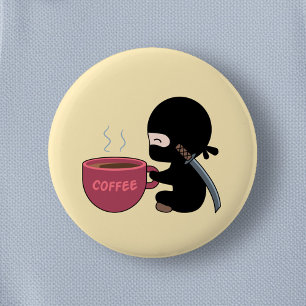 Tiny Ninja with Large Coffee Mug on Yellow 2 Inch Round Button