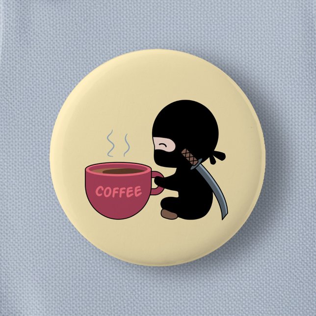 Tiny Ninja with Large Coffee Mug on Yellow 2 Inch Round Button (Creator Uploaded)