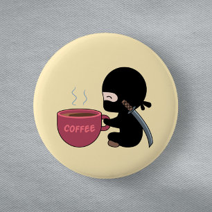 Tiny Ninja with Large Coffee Mug on Yellow 2 Inch Round Button