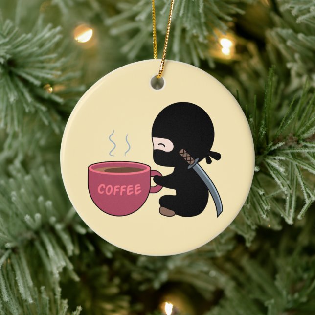Tiny Ninja with Large Coffee Mug on Yellow Ceramic Ornament (Tree)