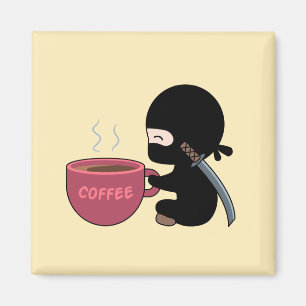 Tiny Ninja with Large Coffee Mug on Yellow Magnet