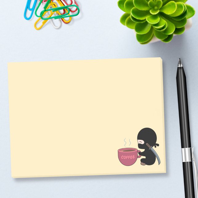 Tiny Ninja with Large Coffee Mug on Yellow Post-it Notes (Creator Uploaded)