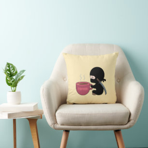 Tiny Ninja with Large Coffee Mug on Yellow Throw Pillow
