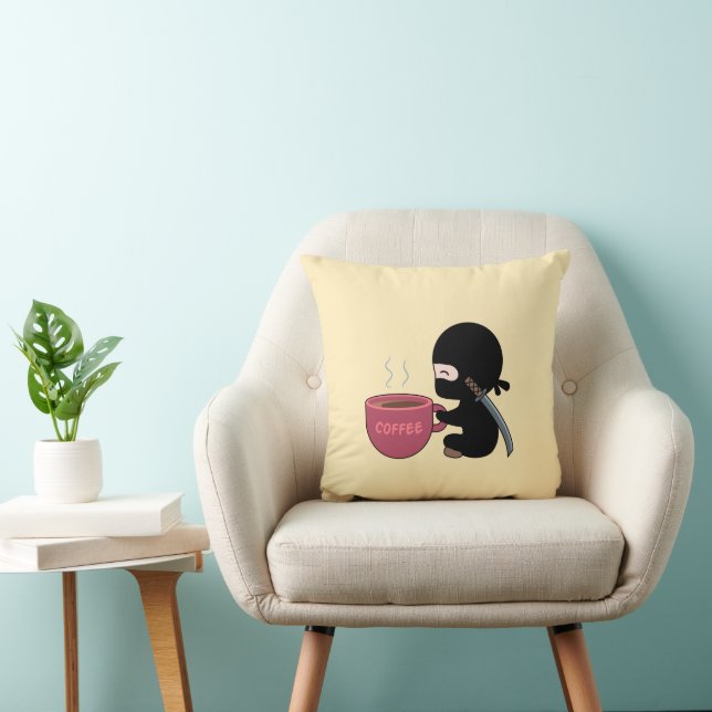 Tiny Ninja with Large Coffee Mug on Yellow Throw Pillow (Chair)