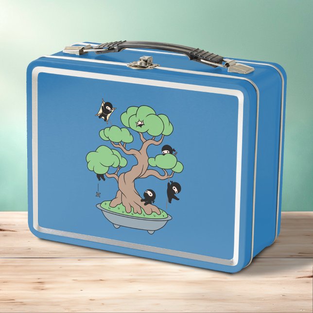 Tiny Ninjas in Bonsai Tree on Blue Metal Lunch Box (Creator Uploaded)