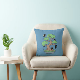 Tiny Ninjas in Bonsai Tree on Blue Throw Pillow