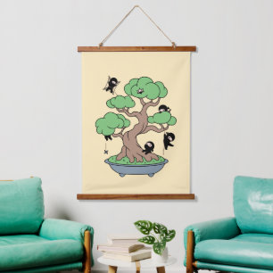 Tiny Ninjas in Bonsai Tree on Yellow Hanging Tapestry