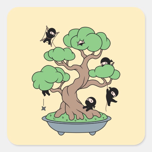 Tiny Ninjas in Bonsai Tree on Yellow Square Sticker (Front)