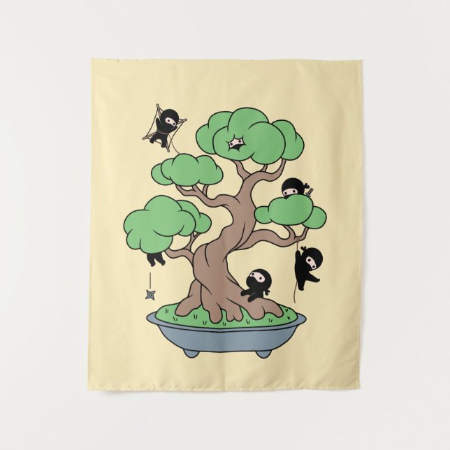 Tiny Ninjas in Bonsai Tree on Yellow Tapestry (Front)