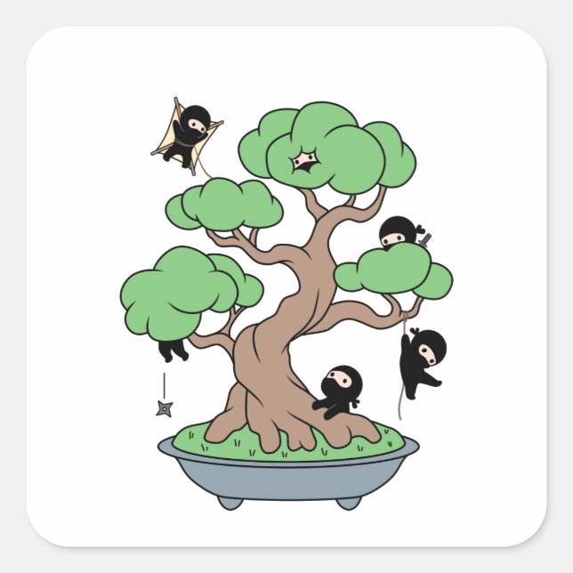 Tiny Ninjas in Bonsai Tree Square Sticker (Front)