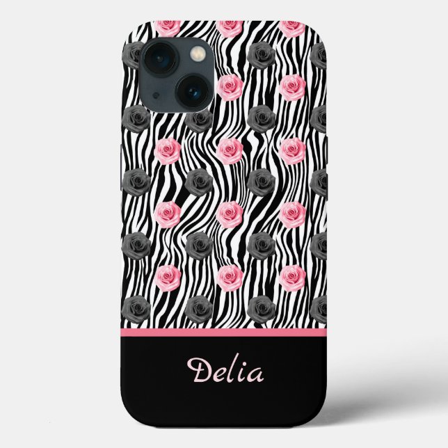Tiny Pink and Grey Rose Pattern on Black Swirls Case-Mate iPhone Case (Back)