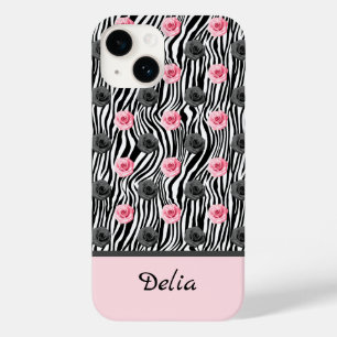 Tiny Pink and Grey Rose Pattern on Black Swirls Case-Mate iPhone 14 Case